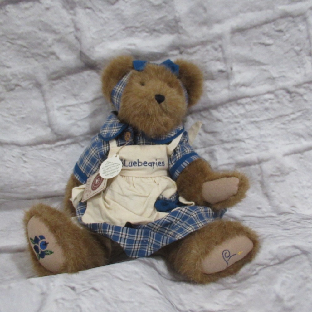Boyds Collection Muffin B Bluebeary Plush Bear 14 in Blue Plaid Dress Apron vtg